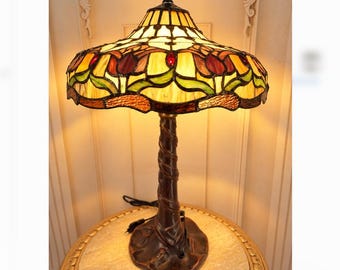 Tiffany Style Stained Glass Table Lamp - Floral Art Nouveau Lamp - Heavy Metal Base - Vintage Bedside Lighting