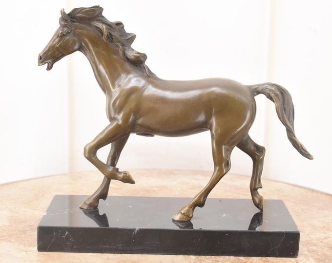 Vintage Bronze Horse Sculpture: Wild Steed on Marble Base