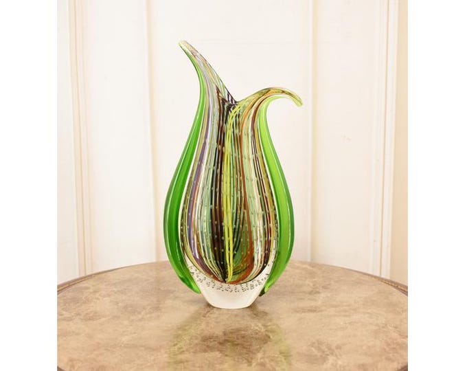 Emerald Green Murano Style Vase – Vintage Art Glass Decor