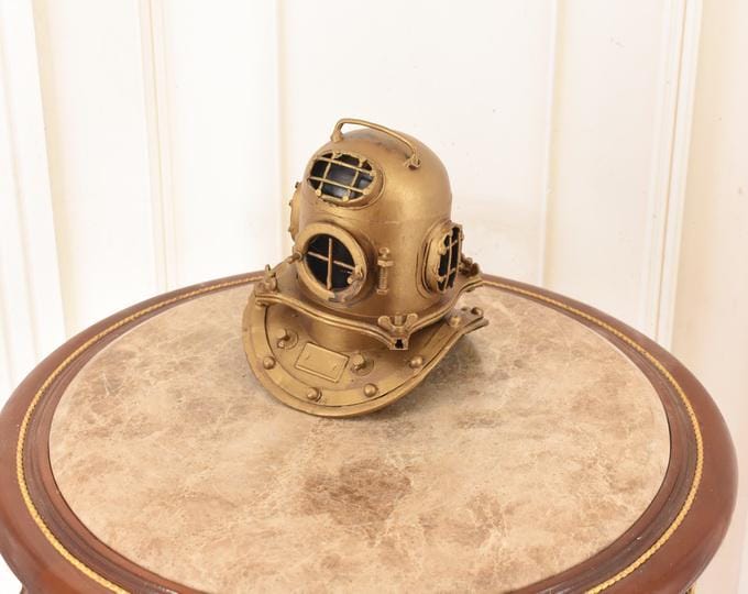 Small Vintage Metal Diver's Helmet Sculpture: Steampunk Nautical Decor