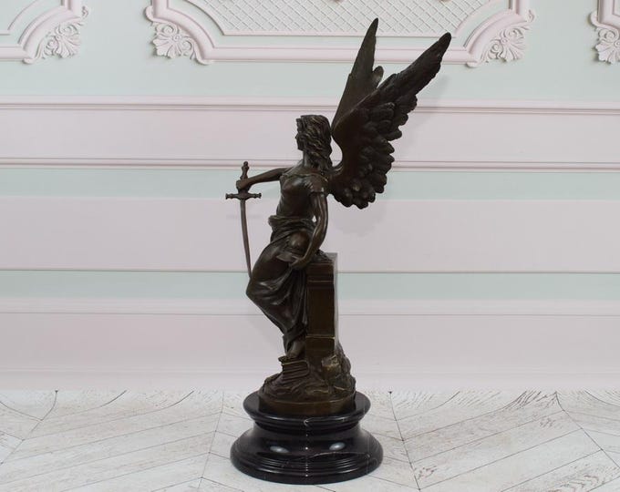 Winged Minerva with Sword - Bronze Sculpture on Marble Base - Signed French Foundry - Elegant Home & Office Decor - Gift for Birthday