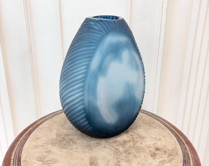 Vintage Blue and Black Art Glass Vase - Heavy Decorative Glass - Modernist Style, Signed