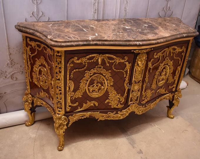 French Baroque Commode: Antique Beech Wood Chest with Marble Top