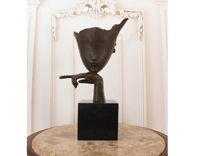 Vintage Bronze Woman's Face Mask Sculpture: Art Deco Marble Base, Signed Fernandez