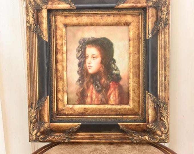 Vintage French Oil Painting – Young Woman Portrait, Gold Frame
