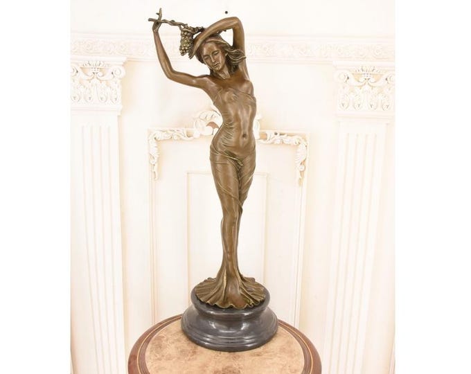Large Bronze Woman Statue with Grapes – Marble Base Figurine, Act V Home Decor