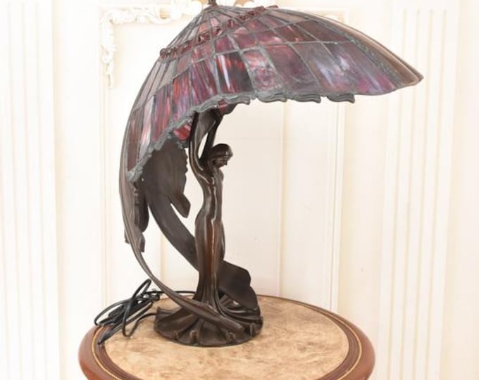 Handcrafted Stained Glass Floor Lamp – Art Deco Woman with Umbrella