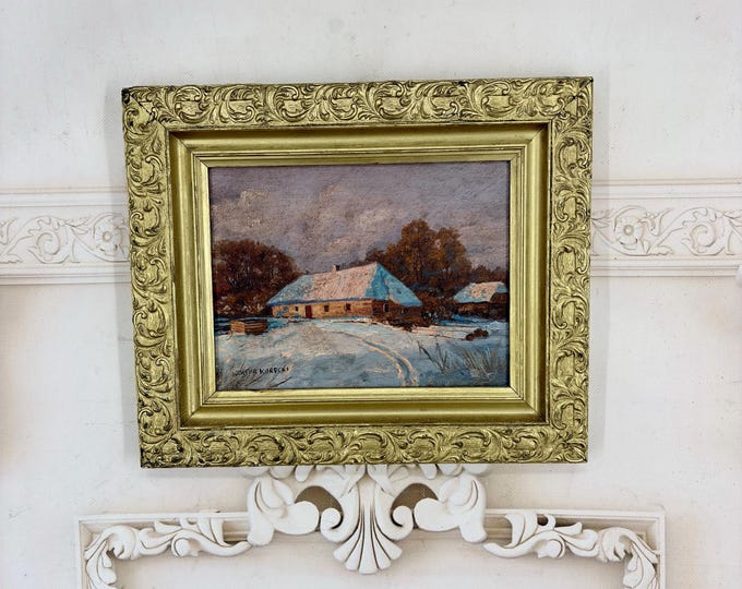 Wiktor Korecki Winter Landscape Oil Painting - Signed Polish Art - Snowy Village Scene - Ornate Gold Frame
