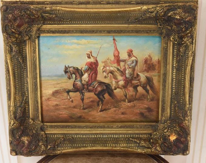 Oriental Arab Horsemen Oil Painting | Bedouin Desert Scene on Canvas | Vintage Exotic Wall Art