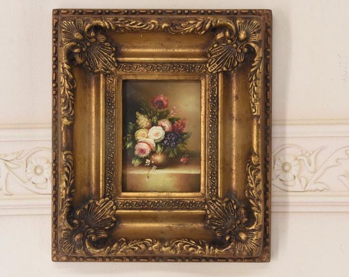 Flowers in a Vase – Vintage Miniature Oil Painting – Floral Still Life – Classic European Art – Unique Wall Decor