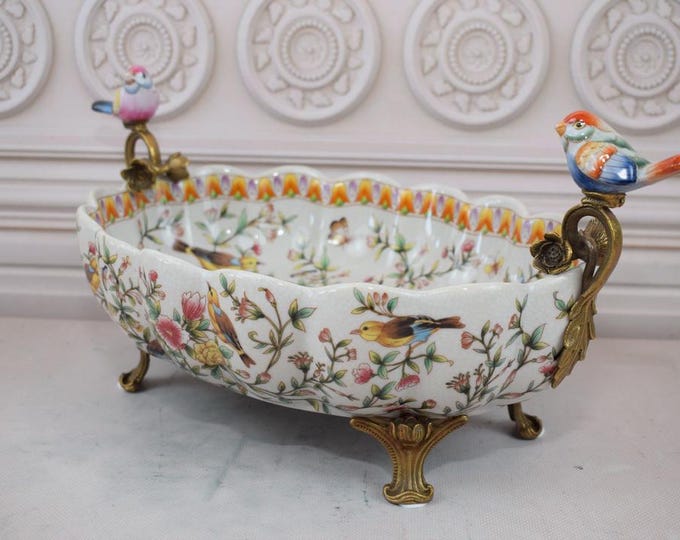 Porcelain Bowl with Bronze Ornaments - Birds and Flowers Motif - Colorful Plateau Antique Porcelain - Home Decor - Gift for Wedding Birthday