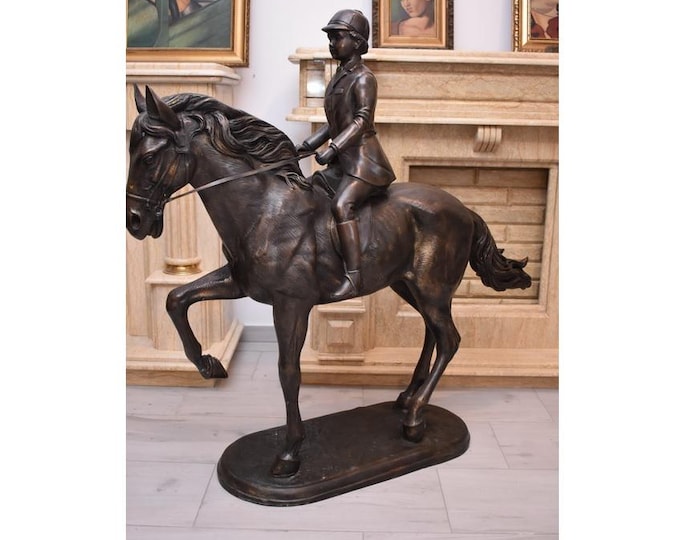 Bronze Horse Rider Sculpture – Monumental 120 cm Boy on Horse – Large Outdoor Garden Statue – Vintage Style Equestrian Art