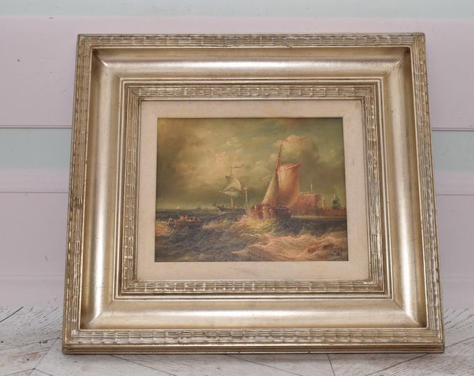 Vintage Painting Boat on Sea - Painting with Gold Frame - Sea Lovers Art - Painting HandMade Wall Decor - Home Decor - Gift Idea