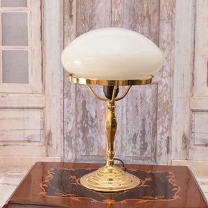 Art Deco Banker Lamp: Oxidized Brass Base, White Glass Shade