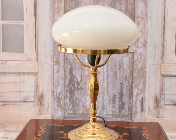 Unique Art Deco Banker Lamp - Desk Lamp - White Glass - Office Gift - Night Stand Lamp - White Shade - Luxury Gift