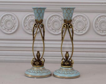 Art Nouveau Porcelain Candlesticks with Bronze Ornaments - Blue Candleholders