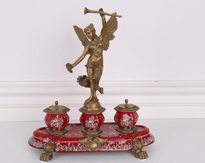 Red Porcelain Inkwell - Victory Porcelain with Bronze Ornaments Inkwell - Inkstand Home and Office Decor - Porcelain Luxury Gift