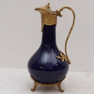 Carafe cobalt with bronze ornaments - art nouveau style jug - dark blue carafe -