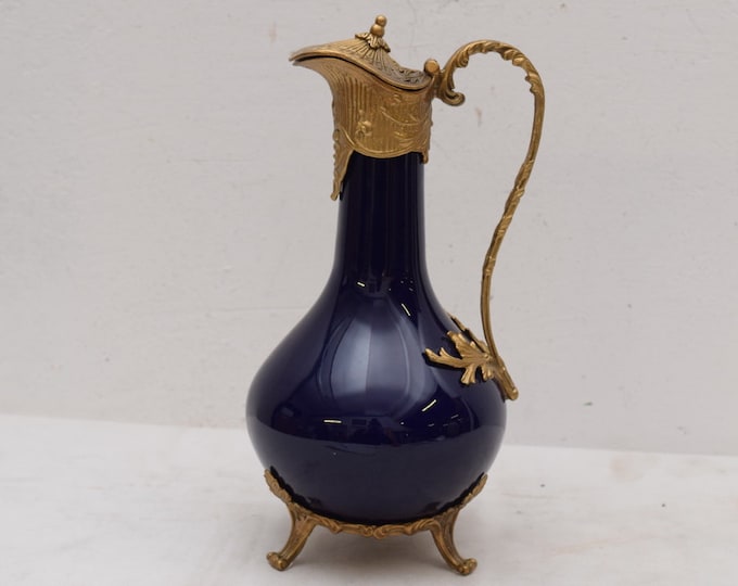 Carafe cobalt with bronze ornaments - art nouveau style jug - dark blue carafe -