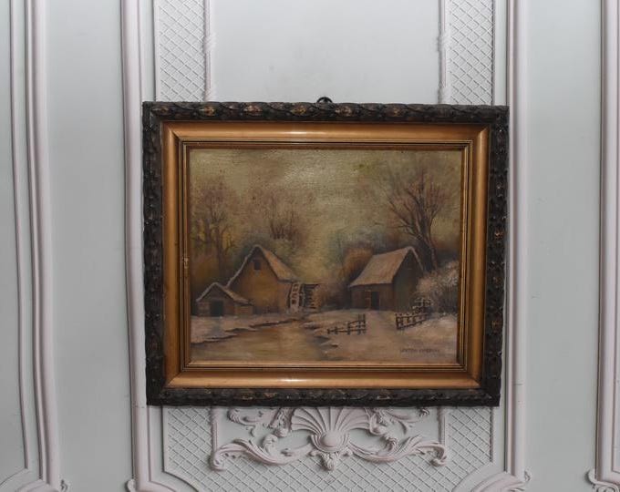 Winter Landscape with Snowy Hut - Oil on Canvas — Korecki Art - Polish-Artist — Romantic Cold Season Scene