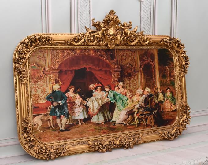 French Aristocracy Baroque Scene in Art Nouveau Frame — 103×142 cm Elegant Historical Wall Art for Salon, Study, Dining Room Gift