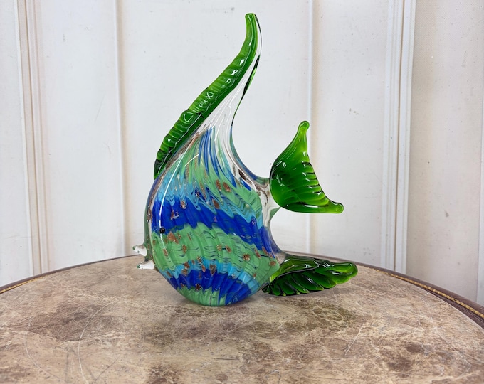 Vintage Murano Style Blue Green Angelfish Glass Figurine – Decorative Fish Sculpture – Coastal Home Decor