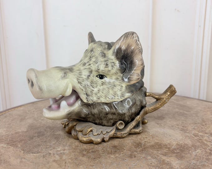 Vintage Porcelain Wild Boar Trinket Box with Bronze Mounts - French Style Decorative Jewelry Box