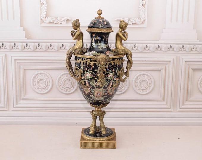 Black Porcelain Vase - Black Antique Casket - Angels Bronze Ornaments - Porcelain Gift - Home Decor - Regency Decor - Unique Gift