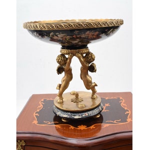 Große Schwarze Porzellanschale mit Bronze Ornamenten - Handgemachte Bemalter Schale Porzellan - Vintage Schale mit Engel Design - Geschenk zur Hochzeit