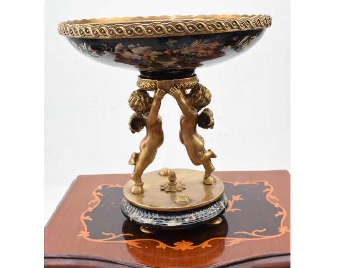 Large Black Plateau Porcelain with Bronze Ornaments - Handmade Painted Bowl Porcelain - Vintage Bowl with Angel Design - Gift for Wedding