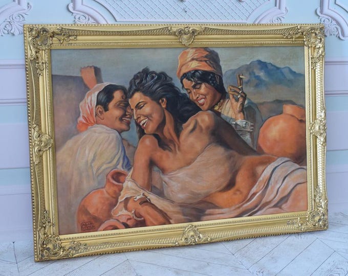 Enchanted Algerian Three Women – Antique Romantic Oriental Scene – Oil on Canvas – Old Frame – Wall Art & Home Decor - Styka Art