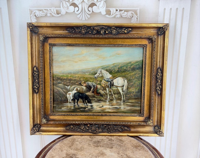 Man with Two Hunting Dogs and White Horse – Oil Painting on Wood – Ornate Gold Frame