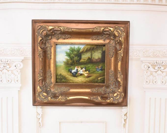 Wonderful Painting Family Rooster and Hen - Painting in Golden Frame - Painting Art Work - Wall Decor - Amazing Home Decor