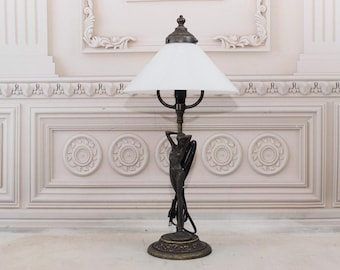 Art Deco Office Lamp - Desk Lamp Act Lady - White Glass - Office Gift - Night Stand Lamp - White Shade - Luxury Gift Idea - Home Decor