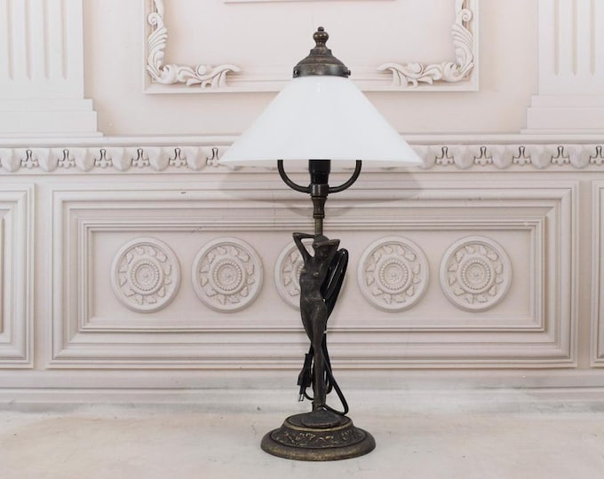 Art Deco Office Lamp - Desk Lamp Act Lady - White Glass - Office Gift - Night Stand Lamp - White Shade - Luxury Gift Idea - Home Decor