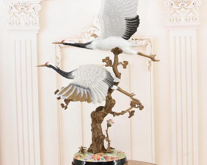 XXL Pair of Flying Cranes – Colorful Porcelain Birds with Bronze Base – Vintage Elegant Decorative Sculpture - Home Decor - Gift Idea