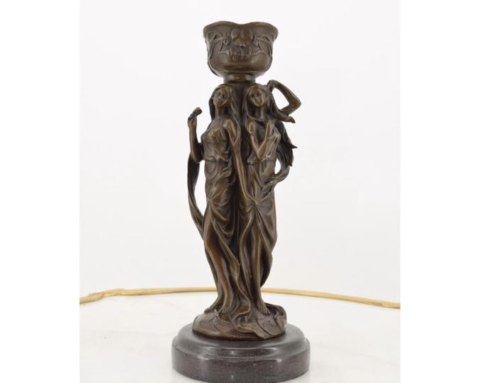 Candlestick Bronze Statue – 2 Nymphs Women Figurine – Exclusive Gift Bronze Sculpture for Art Collectors and Home Decor