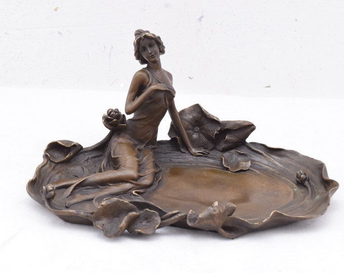 Bronze Plateau Nymph Bathing Woman With Water Lilies - Bronze Sculpture Bowl Art Nouverau Style - Female Elegant - Exclusive Gift