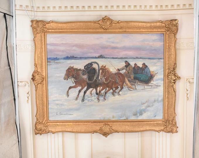 Antique Winter Sleigh Painting - Oil on Canvas - Three Horses in Snow - Signed - Over 100 Years Old