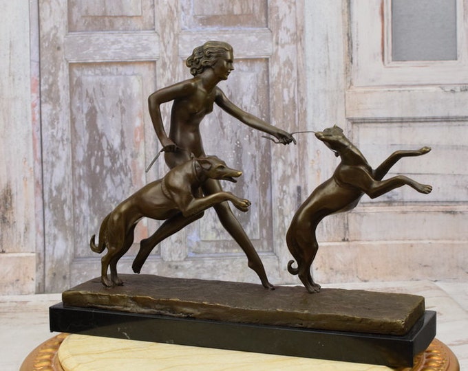 Very Large! Diana with Greyhounds Bronze Statue -  Mythological Goddess Hunters - Amazing Gift for Hunter - Home Decor - Vintage Gift Idea