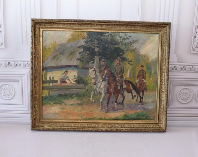 Antique Painting Soldier on Horse - Painting Kossak - Polish Soldier - Old Painting on Canvas - Gift for Polish Patriots - Wall Decor