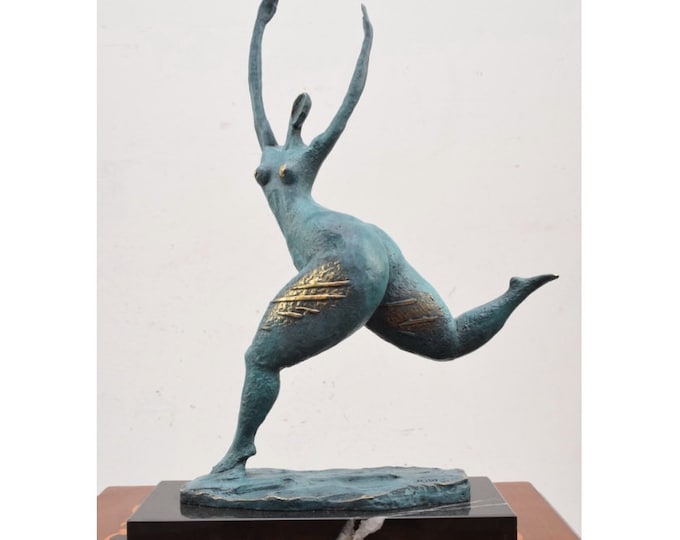 Dancing Modernist Woman Bronze Statue - Gilded Blue Patina - Fat Woman Bronze Figurine - Sculpture Dancer - Home Decor -