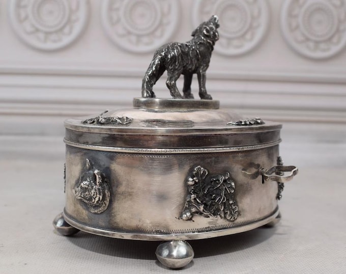 Large Antique Silver Sugar Box - AMAZING WOLF Sugar Bowl 617gram Imperial Russia Silver 84 - Tsar Silver - Collector Item - Gift Home Decor