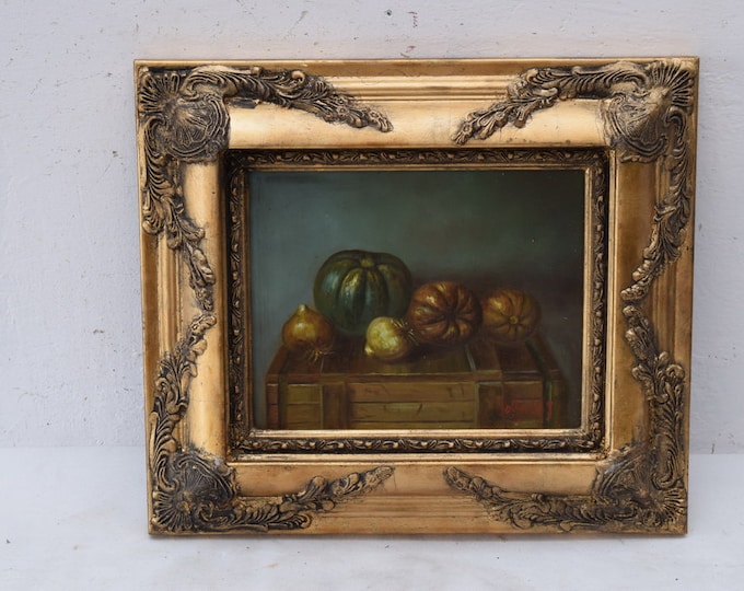 Still Life Painting in Golden Frame - Pumpkin Painting - Oil on wood - French Art Wall Decoration - Luxury Gift