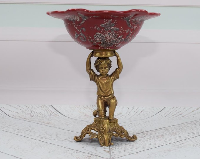 Red Porcelain with Bronze Ornaments - Angel Bronze - Red Antique Plateau - Art Nouveau Gift - Home and Office Decor - Gift Idea