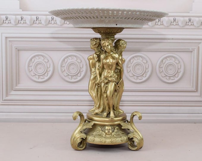 Luxury Porcelain and Bronze Ornaments - Fruit Plate - Three Nymphs Art Nouveau - Bowl Stand Vintage - Home Decor - Gift for Wedding Birthday