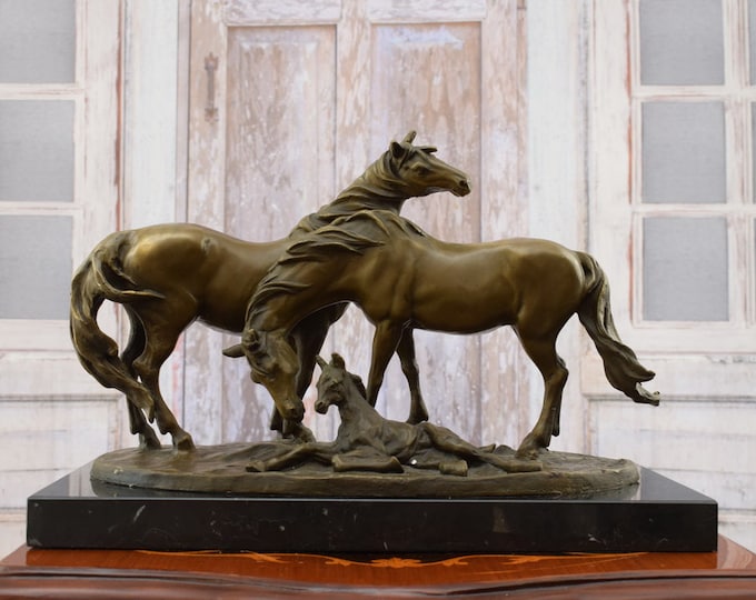 Family Horses Bronze Sculpture on Marble Base - Three Horses Art Work Sculpture - Horse Art - Home and Garden Figurine -