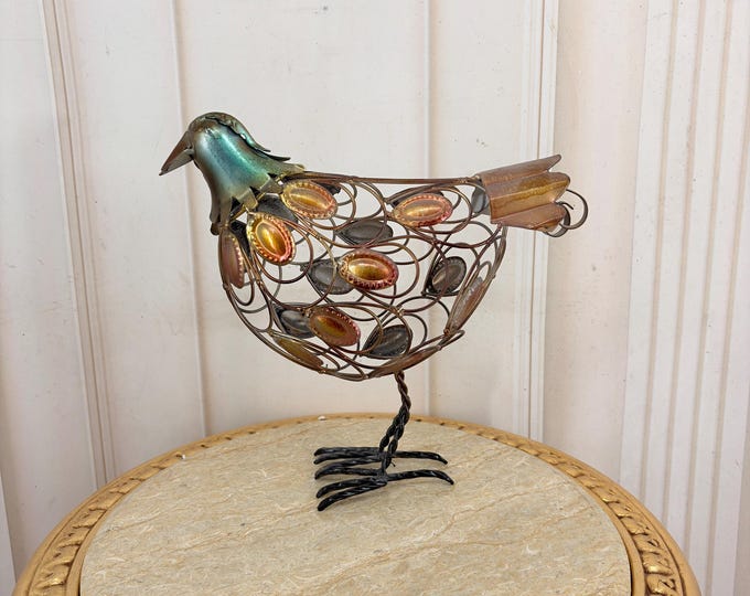 Colorful Iron Hen Figurine: Whimsical Garden Art Sculpture