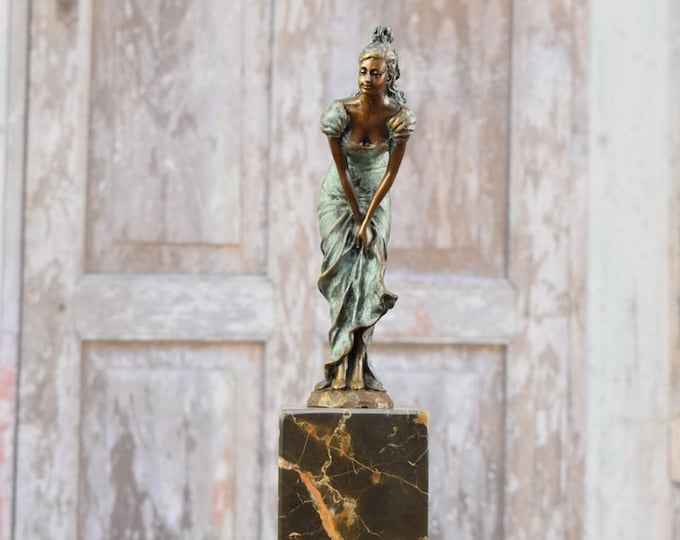 Woman in blue dress - Bronze figurine on marble base - act bronze statue - Gift Idea - home decor -