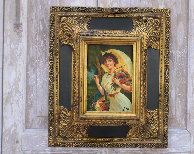 Painting Woman with Flowers and Umbrella - Nice Gold and Black Frame - Painting Antique Interior - Wall Decor - Home Decor - Gift Idea
